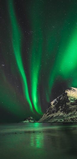[2436x1125]夜晚 极光 星空 夜景 绿色 苹果手机壁纸图片