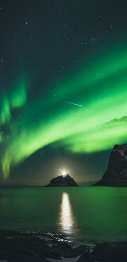 [2436x1125]夜晚 极光 绿色 美景 苹果手机壁纸图片