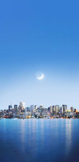 [2436x1125]夜景 城市 蓝色 月亮 倒影 苹果手机壁纸图片