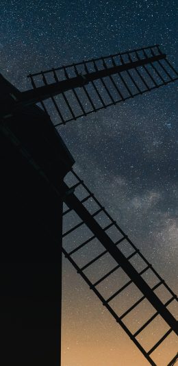 [2436x1125]夜景 建筑 风车 星空 唯美 苹果手机壁纸图片