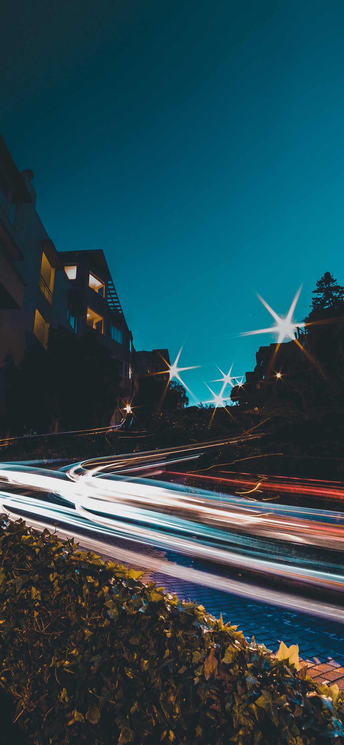 [2436×1125]夜景 房屋 道路 灯光 苹果手机壁纸图片