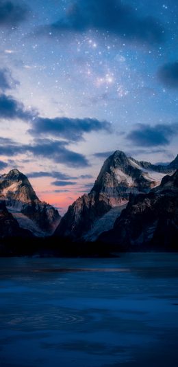 [2436x1125]夜景 星空 山川 湖水 苹果手机壁纸图片