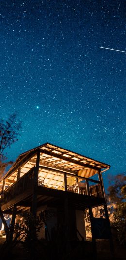 [2436x1125]夜景 星空 璀璨 木屋 苹果手机壁纸图片