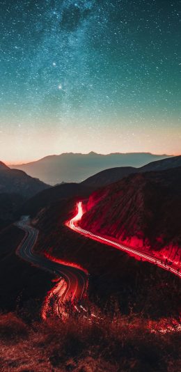 [2436x1125]夜景 星空 盘山公路 夜灯 苹果手机壁纸图片