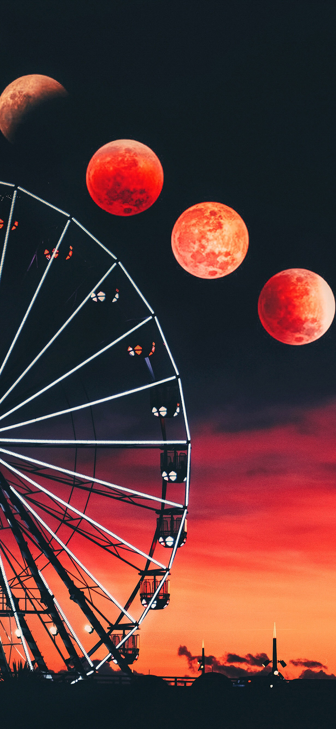 [2436×1125]夜景 月亮 月球 摩天轮 苹果手机壁纸图片