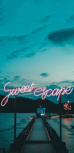 [2436x1125]夜景 木桥 湖泊 灯牌 苹果手机壁纸图片