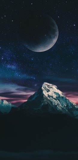 [2436x1125]夜空 月亮 星空 唯美 夜晚 雪山 苹果手机壁纸图片