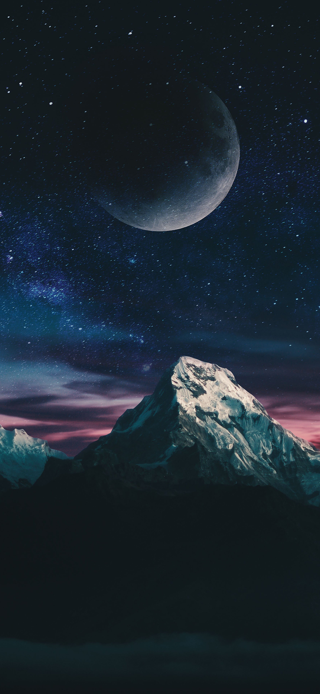 [2436×1125]夜空 月亮 星空 唯美 夜晚 雪山 苹果手机壁纸图片