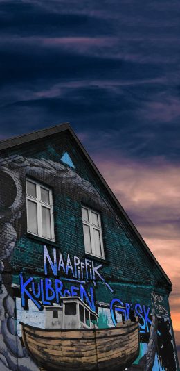 [2436x1125]夜空 砖房 潮流涂鸦 苹果手机壁纸图片