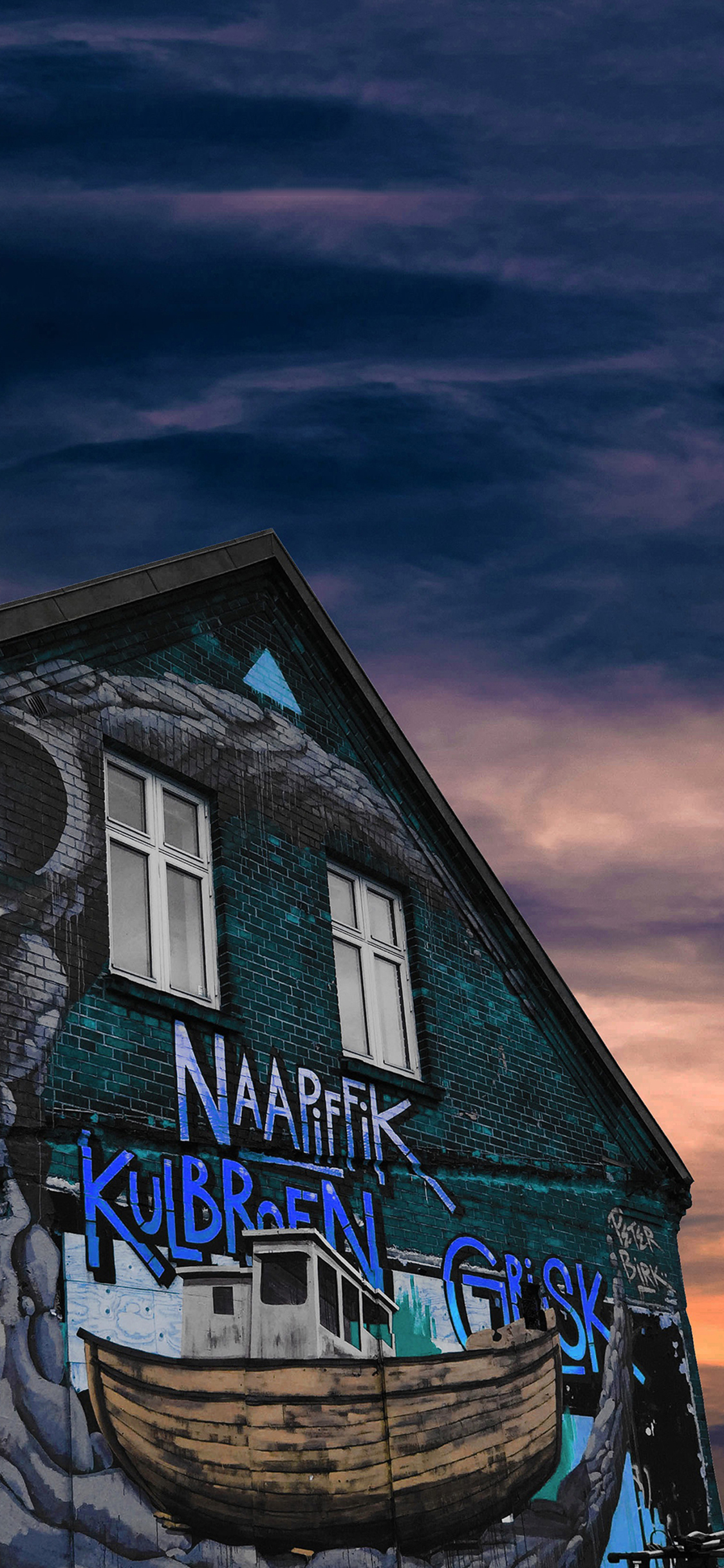 [2436×1125]夜空 砖房 潮流涂鸦 苹果手机壁纸图片