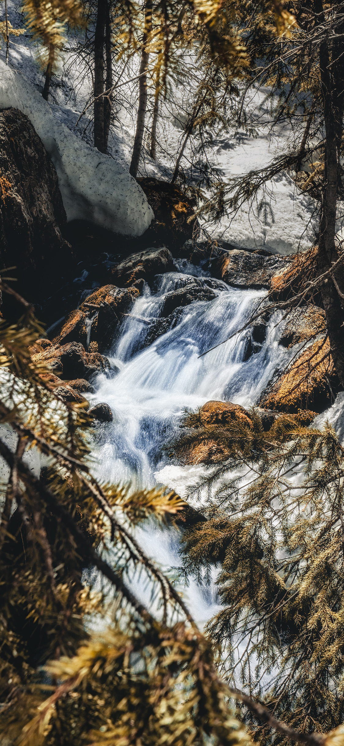 [2436×1125]大山 河流 树木 流水 自然美景 苹果手机壁纸图片
