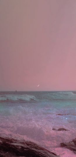 [2436x1125]大海 唯美 星光 粉色 梦幻 月亮 海水 苹果手机壁纸图片