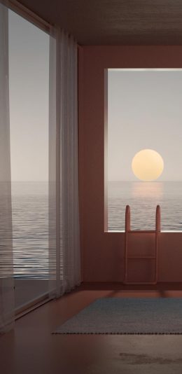 [2436x1125]大海 太阳 海面 室内 窗外 苹果手机壁纸图片