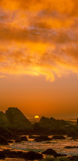 [2436x1125]大海 岩石 夕阳 落日 美景 唯美 苹果手机壁纸图片