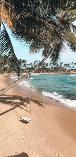 [2436x1125]大海 沙滩 椰树 秋千 海景 苹果手机壁纸图片