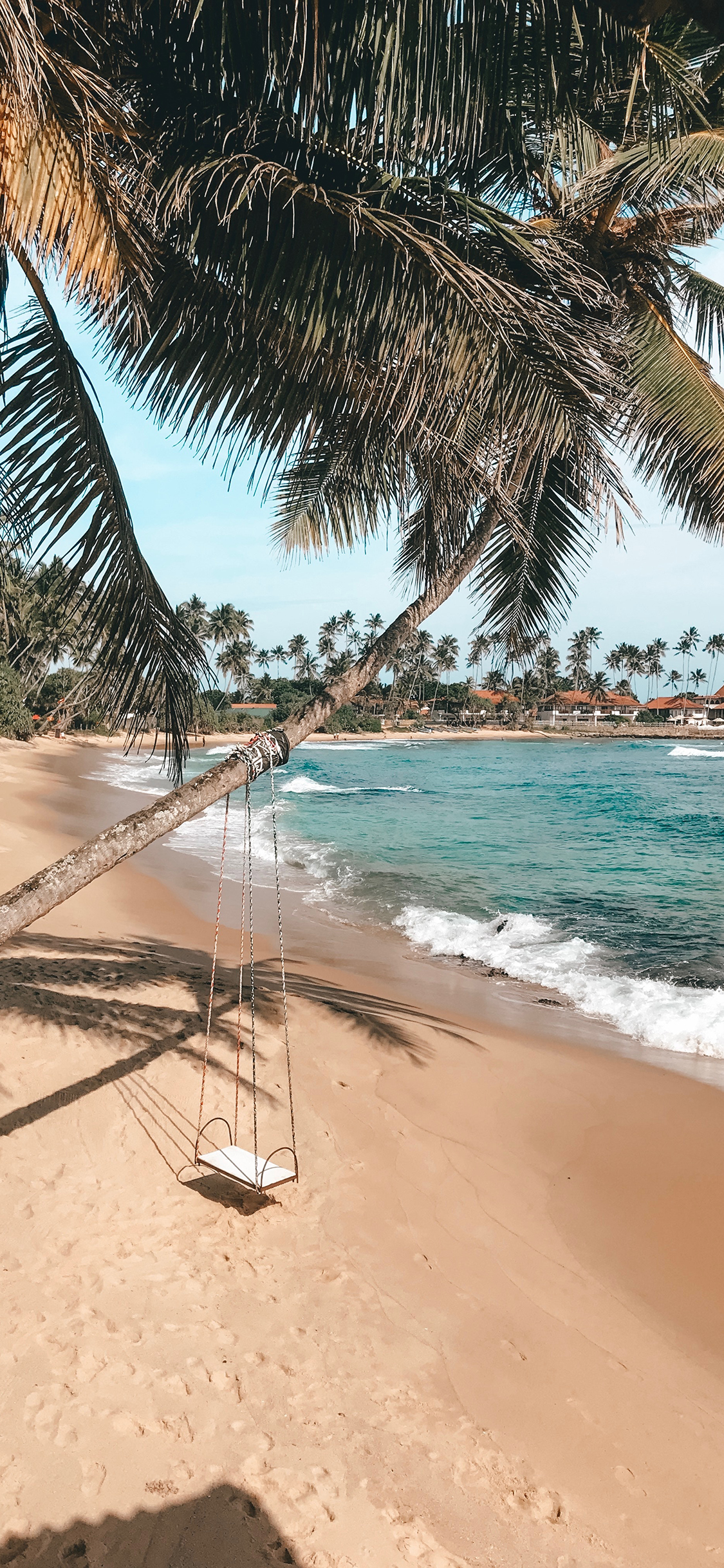 [2436×1125]大海 沙滩 椰树 秋千 海景 苹果手机壁纸图片