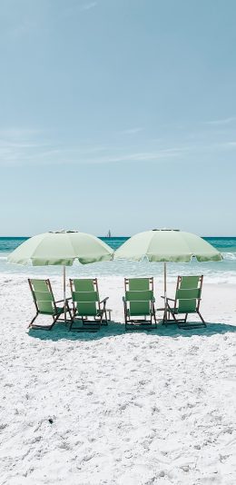 [2436x1125]大海 沙滩 躺椅 遮阳伞 度假休闲 苹果手机壁纸图片