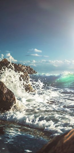 [2436x1125]大海 浪花 岩石 阳光 海景 苹果手机壁纸图片