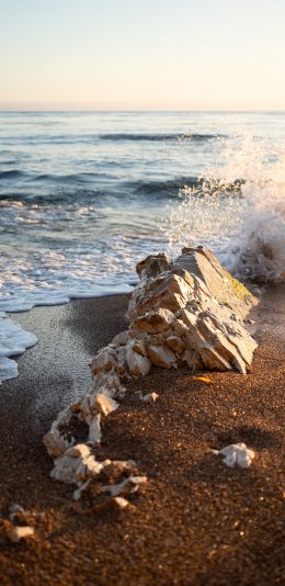 [2436x1125]大海 浪花 海滩 石块 苹果手机壁纸图片