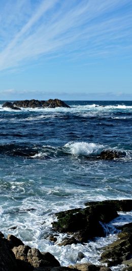 [2436x1125]大海 海岸 石头 海浪 浪花 苹果手机壁纸图片