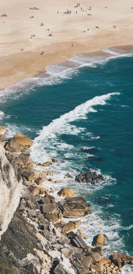 [2436x1125]大海 海峡 岩石 沙滩 海景 苹果手机壁纸图片