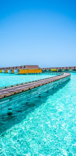 [2436x1125]大海 海水 木栈道 木屋 度假 苹果手机壁纸图片