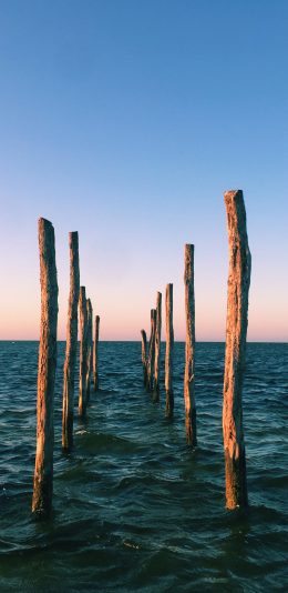 [2436x1125]大海 海洋 海水 木桩 木头 苹果手机壁纸图片