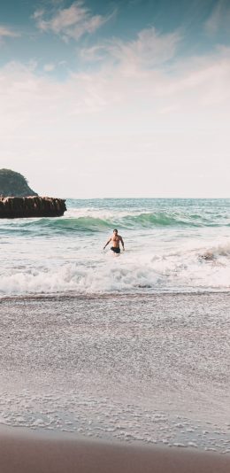 [2436x1125]大海 海浪 游泳 沙滩 苹果手机壁纸图片