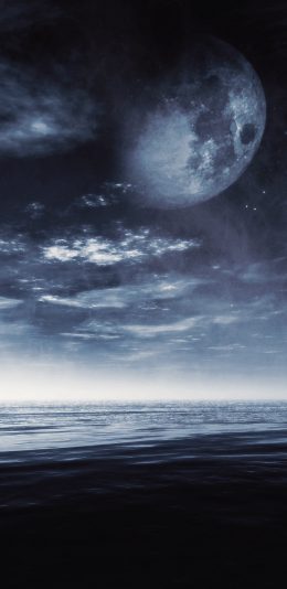 [2436x1125]大海 海滩 夜晚 月亮 海水 苹果手机壁纸图片