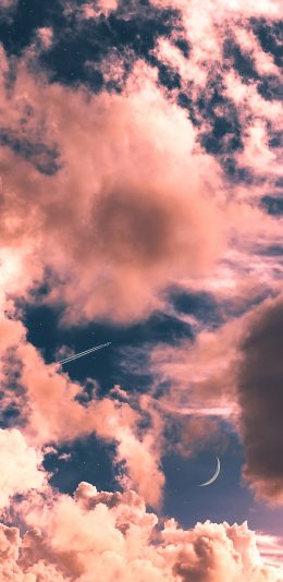 [2436x1125]天空 月亮 星空 云朵 飞机 苹果手机壁纸图片