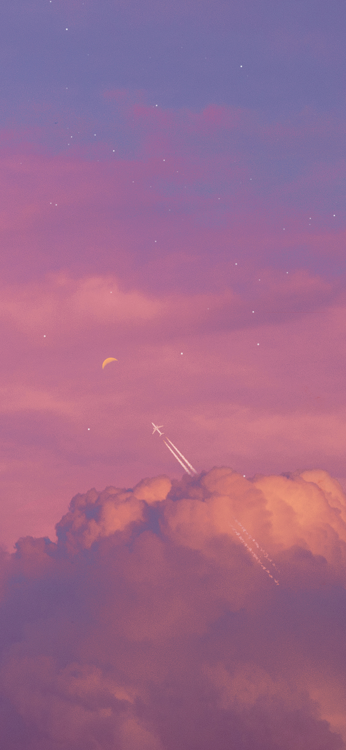 [2436×1125]天空 紫色 云层 飞机 月亮 星空 苹果手机壁纸图片