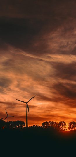 [2436x1125]天空 红霞 风力发电塔 苹果手机壁纸图片