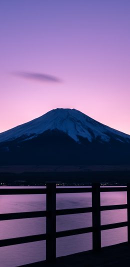 [2436x1125]富士山 雪山 日本 夜 栏杆 苹果手机壁纸图片