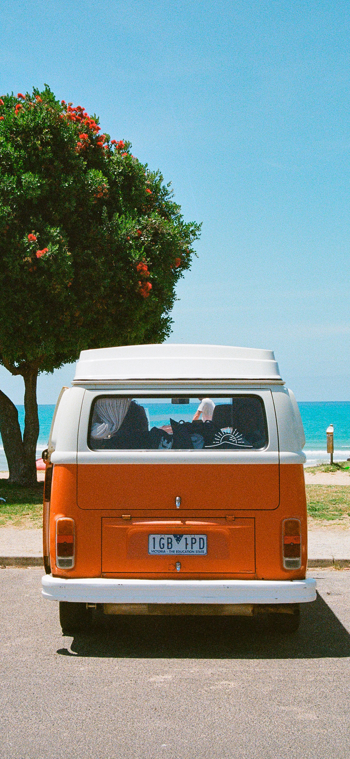 [2436×1125]小汽车 面包车 树木 蓝天 街景 苹果手机壁纸图片