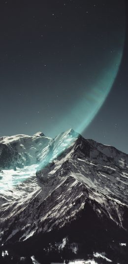 [2436x1125]山峰 白雪覆盖 星空夜景 光圈 苹果手机壁纸图片