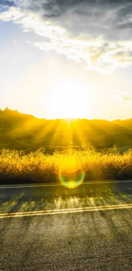 [2436x1125]山峰 道路 阳光 自然美景 苹果手机壁纸图片