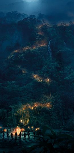 [2436x1125]山林 篝火 山路 夜晚 苹果手机壁纸图片