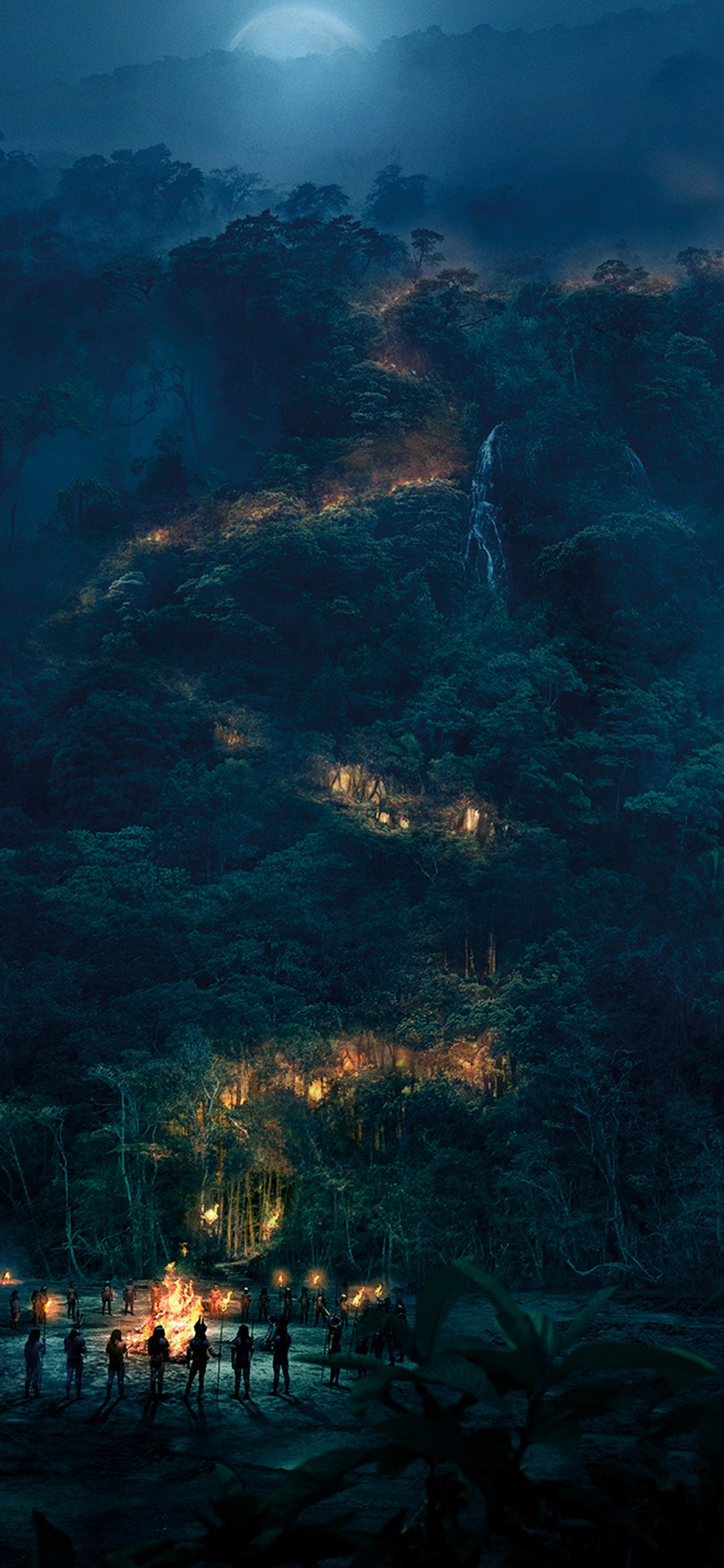 [2436×1125]山林 篝火 山路 夜晚 苹果手机壁纸图片