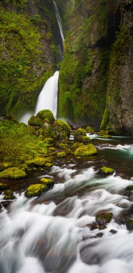 [2436x1125]山水 瀑布 苔藓  流水 苹果手机壁纸图片