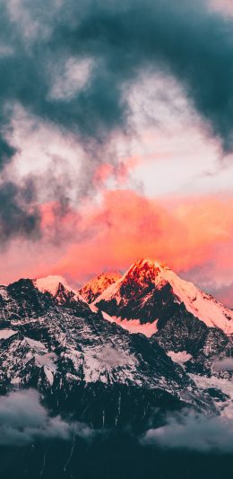 [2436x1125]山顶 雪山 云彩 夕阳 苹果手机壁纸图片