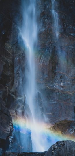 [2436x1125]岩石 瀑布 彩虹 自然 苹果手机壁纸图片
