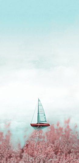 [2436x1125]帆船 大海 渐变 鲜花 浪漫 苹果手机壁纸图片