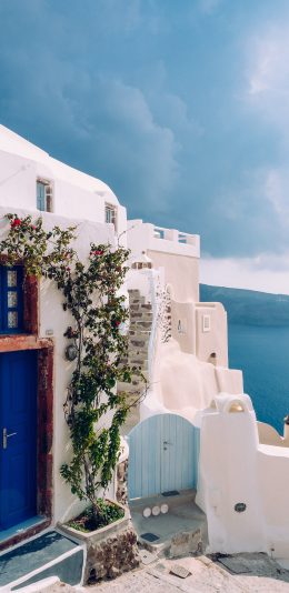 [2436x1125]希腊 圣托里尼 白色建筑 苹果手机壁纸图片