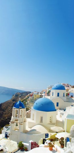 [2436x1125]希腊 圣托里尼岛 蓝白 天空 建筑 旅游 浪漫 爱情海 苹果手机壁纸图片
