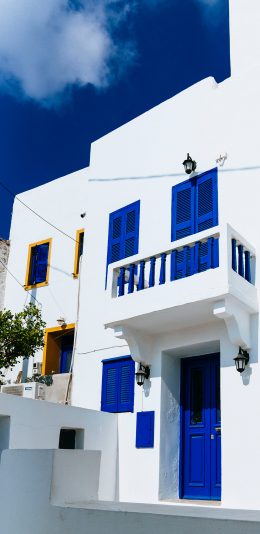 [2436x1125]建筑 地中海风 白墙 蓝窗 苹果手机壁纸图片