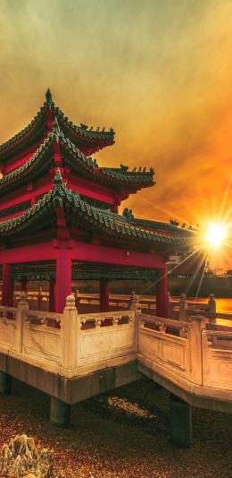 [2436x1125]建筑 夕阳 庭院 廊坊 中国古风 苹果手机壁纸图片