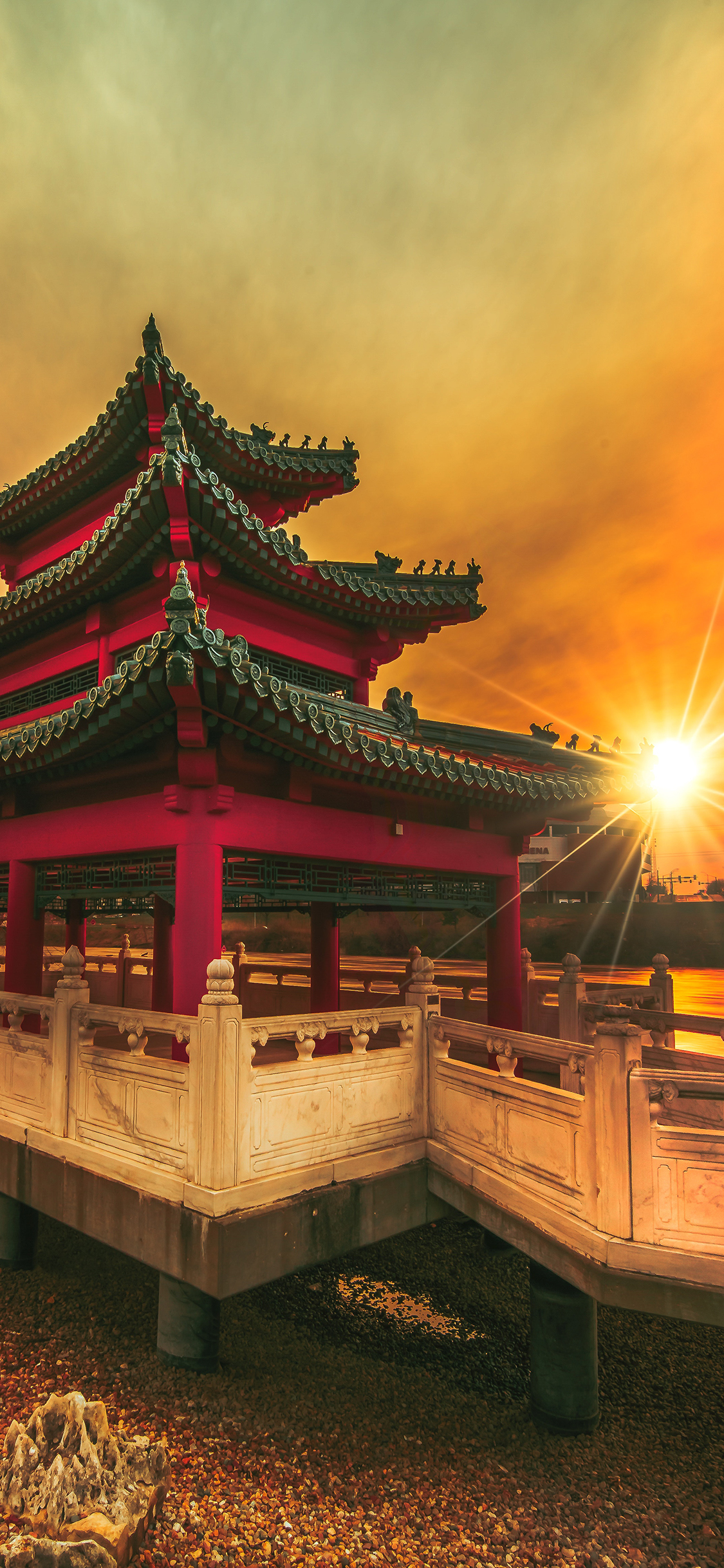 [2436×1125]建筑 夕阳 庭院 廊坊 中国古风 苹果手机壁纸图片