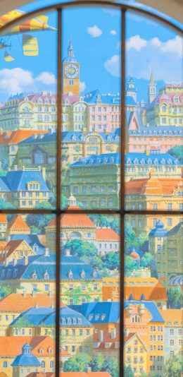 [2436x1125]建筑 房屋 窗外 阳光 城市 苹果手机壁纸图片