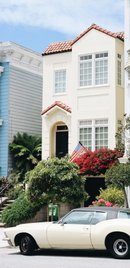 [2436x1125]建筑 房屋 街道 汽车 复古 敞篷 苹果手机壁纸图片