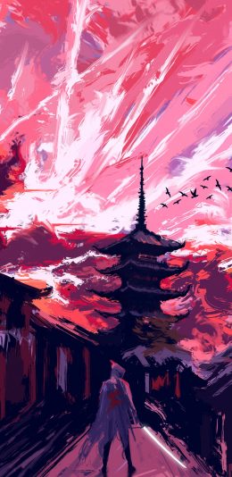 [2436x1125]建筑 插画 夜景 色彩 艺术（取自站酷网：DAPEII） 苹果手机壁纸图片